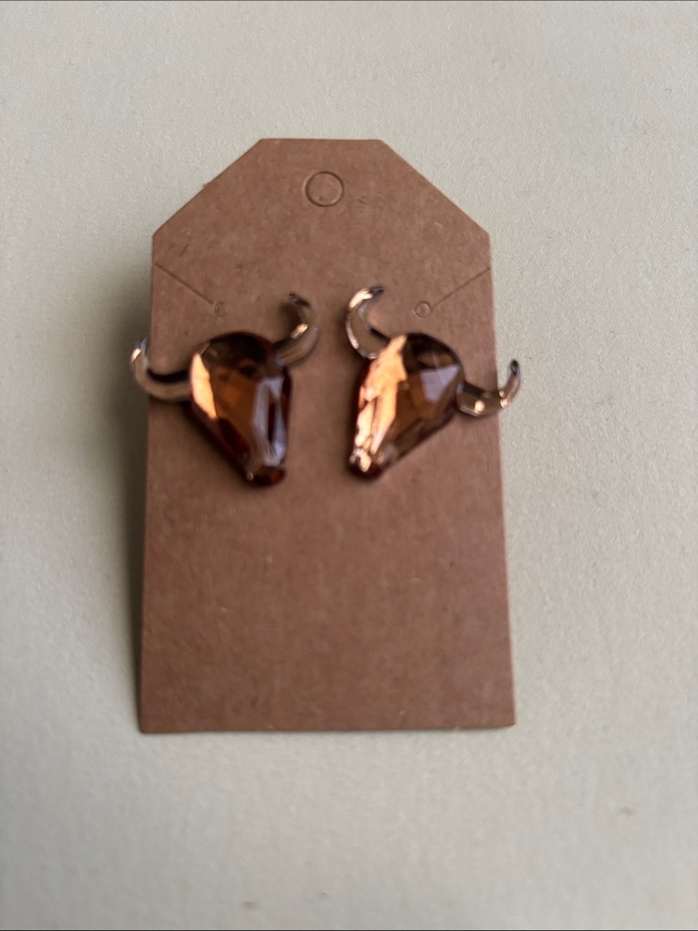 Hand Crafted Brown Crystal Bull Head Stud Earrings